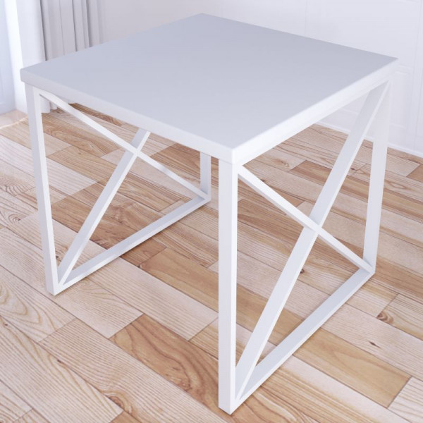 Стол кухонный Loft с квадратной белой столешницей из массива сосны 40 мм и белыми металлическими крестообразными ножками, 60x60х75 см