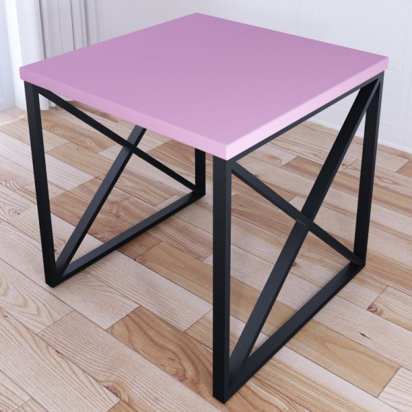 Стол кухонный Loft с квадратной столешницей розового цвета из массива сосны 40 мм и черными металлическими крестообразными ножками, 70x70х75 см