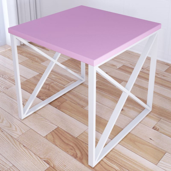 Стол кухонный Loft с квадратной столешницей розового цвета из массива сосны 40 мм и белыми металлическими крестообразными ножками, 80x80х75 см