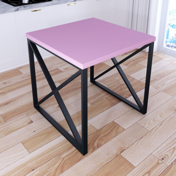 Стол кухонный Loft с квадратной столешницей розового цвета из массива сосны 40 мм и черными металлическими крестообразными ножками, 80x80х75 см