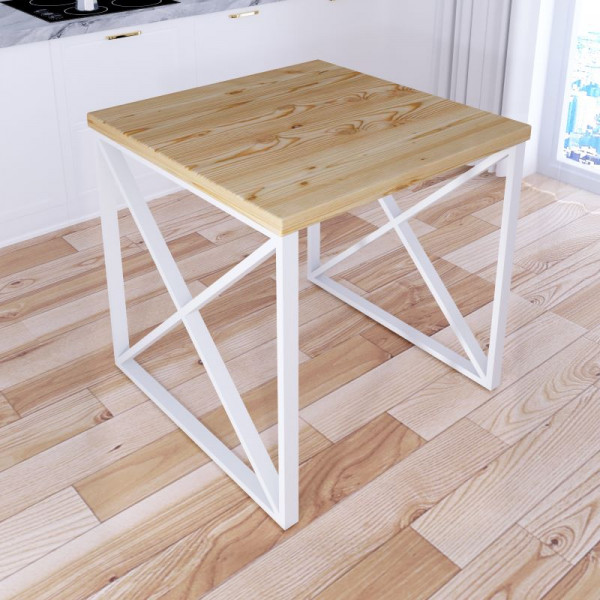 Стол кухонный Loft с квадратной столешницей без покрытия из массива сосны 40 мм и белыми металлическими крестообразными ножками, 60x60х75 см