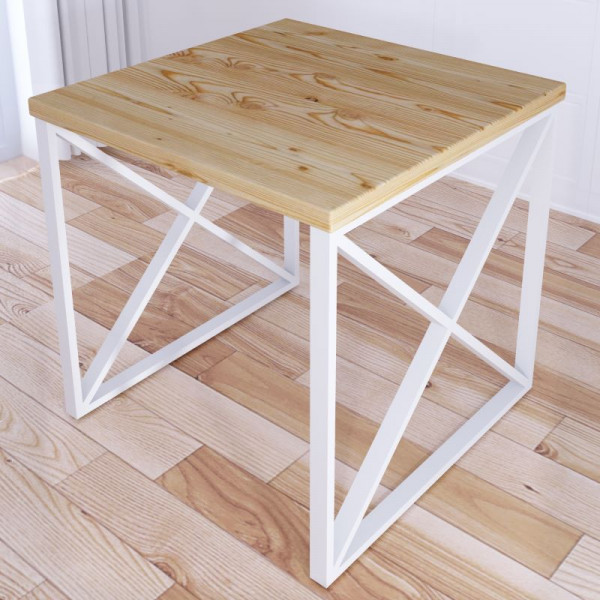 Стол кухонный Loft с квадратной столешницей без покрытия из массива сосны 40 мм и белыми металлическими крестообразными ножками, 70x70х75 см