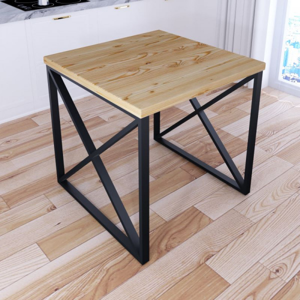 Стол кухонный Loft с квадратной столешницей без покрытия из массива сосны 40 мм и черными металлическими крестообразными ножками, 60x60х75 см