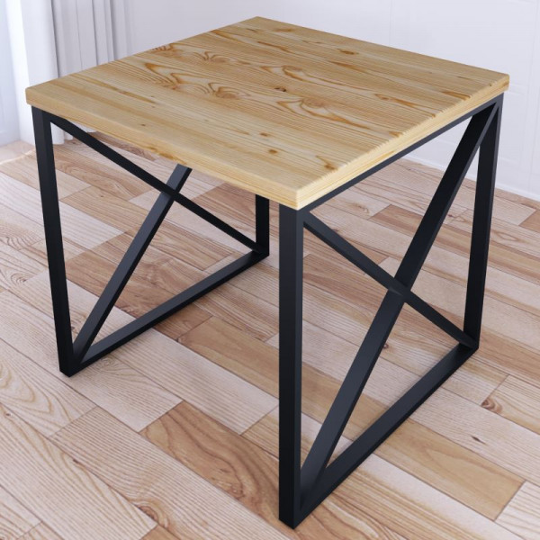 Стол кухонный Loft с квадратной столешницей без покрытия из массива сосны 40 мм и черными металлическими крестообразными ножками, 70x70х75 см