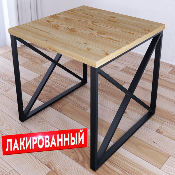 Стол кухонный Loft с квадратной лакированной столешницей из массива сосны 40 мм и черными металлическими крестообразными ножками, 70x70х75 см