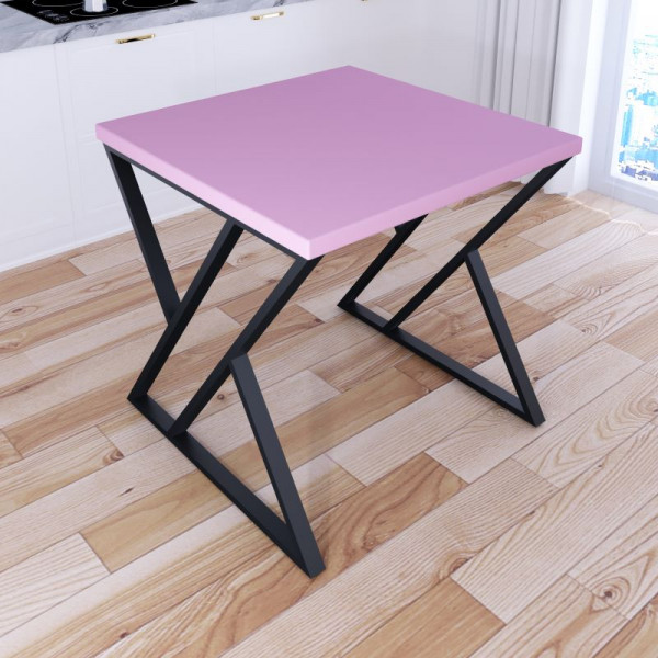 Стол кухонный Loft с квадратной столешницей розового цвета из массива сосны 40 мм и черными металлическими Z-образными ножками, 70x70х75 см