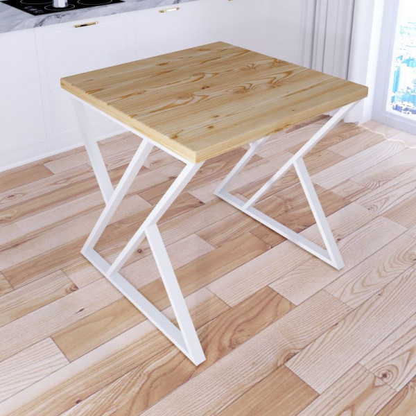 Стол кухонный Loft с квадратной столешницей без покрытия из массива сосны 40 мм и белыми металлическими Z-образными ножками, 60x60х75 см