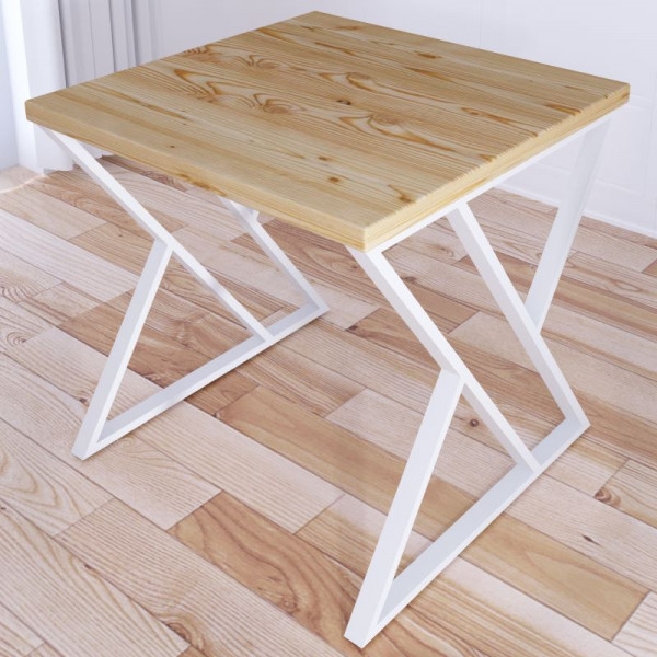Стол кухонный Loft с квадратной столешницей без шлифовки и покрытия из массива сосны 40 мм и белыми металлическими Z-образными ножками, 60x60х75 см
