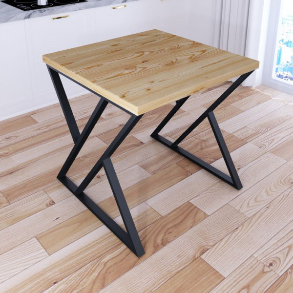 Стол кухонный Loft с квадратной столешницей без покрытия из массива сосны 40 мм и черными металлическими Z-образными ножками, 60x60х75 см