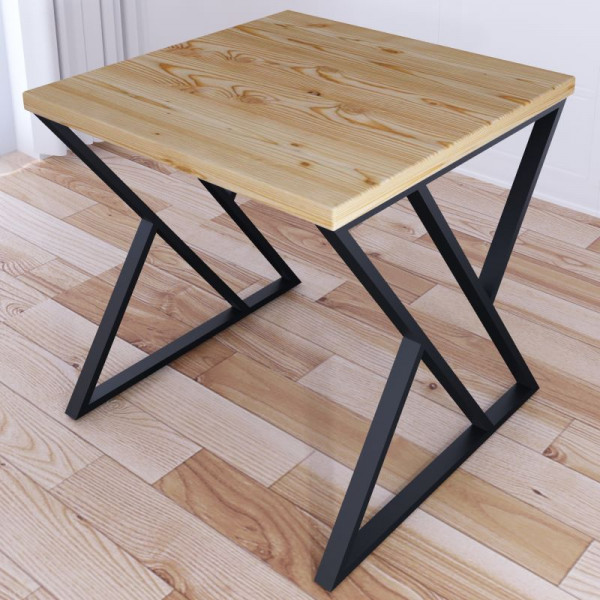 Стол кухонный Loft с квадратной столешницей без шлифовки и покрытия из массива сосны 40 мм и черными металлическими Z-образными ножками, 60x60х75 см