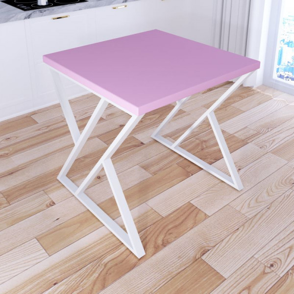 Стол кухонный Loft с квадратной столешницей розового цвета из массива сосны 40 мм и белыми металлическими Z-образными ножками, 70x70х75 см