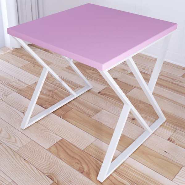 Стол кухонный Loft с квадратной столешницей розового цвета из массива сосны 40 мм и белыми металлическими Z-образными ножками, 70x70х75 см