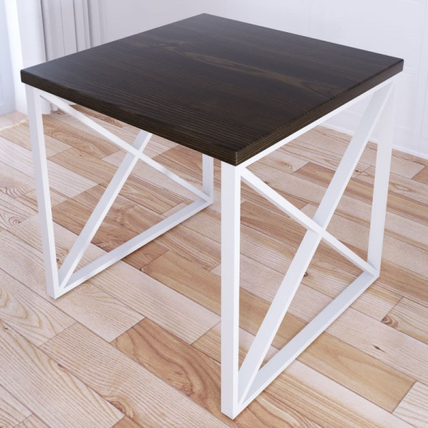 Стол кухонный Loft с квадратной столешницей цвета темного дуба из массива сосны 40 мм и белыми металлическими крестообразными ножками, 60x60х75 см