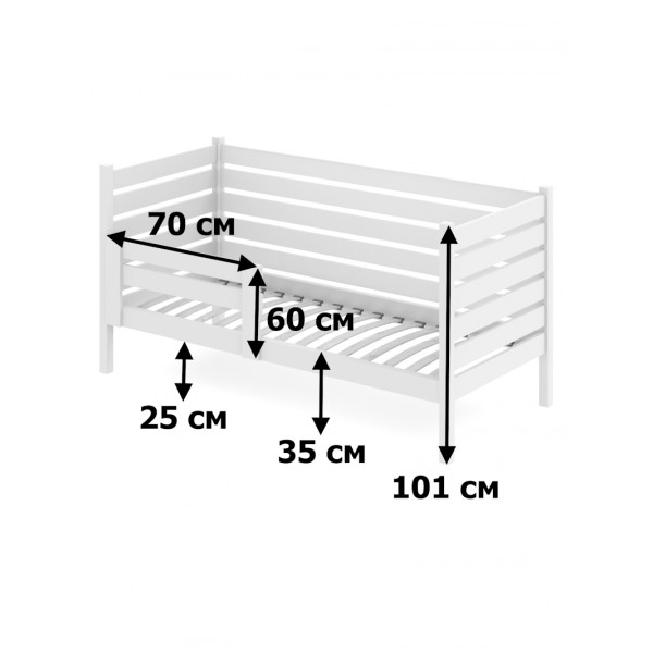 Кровать односпальная подростковая из массива сосны с ортопедическим основанием и высокими бортиками, 70х140 см (габариты 80х150), цвет белый
