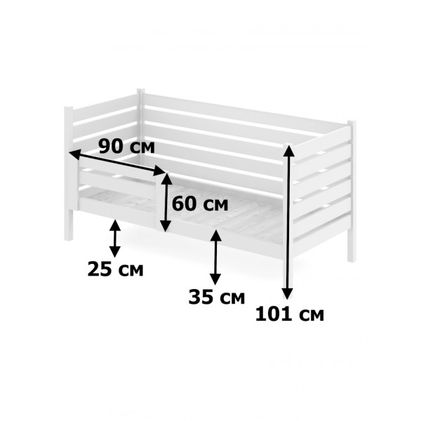 Кровать односпальная подростковая из массива сосны со сплошным основанием и высокими бортиками, 90х180 см (габариты 100х190), цвет белый