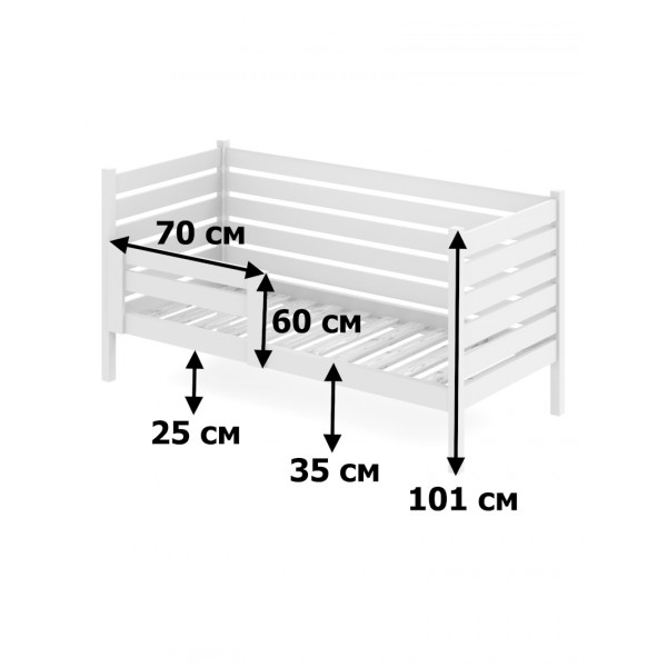 Кровать односпальная подростковая из массива сосны с реечным основанием и высокими бортиками, 70х140 см (габариты 80х150), цвет белый