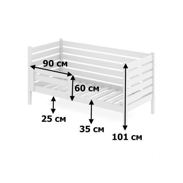 Кровать односпальная подростковая из массива сосны с реечным основанием и высокими бортиками, 70х180 см (габариты 80х190), цвет белый