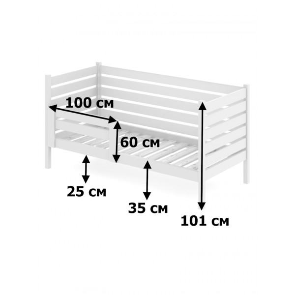 Кровать односпальная подростковая из массива сосны с реечным основанием и высокими бортиками, 70х200 см (габариты 80х210), цвет белый