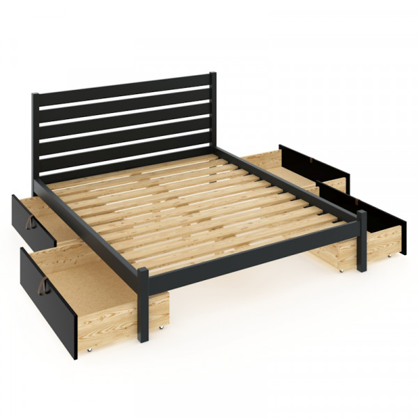 Кровать двуспальная Классика из массива сосны с реечным основанием и высокой спинкой, 120х200 см, с четырьмя выкатными ящиками, цвет антрацит