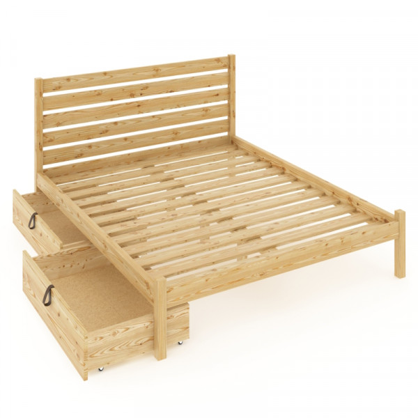 Кровать двуспальная Классика из массива сосны с реечным основанием и высокой спинкой, 120х200 см, с двумя выкатными ящиками, лакированная