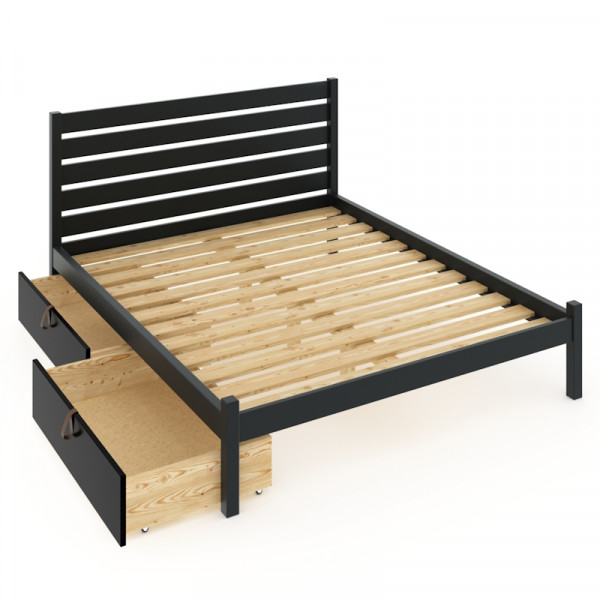 Кровать двуспальная Классика из массива сосны с реечным основанием и высокой спинкой, 120х200 см, с двумя выкатными ящиками, цвет антрацит