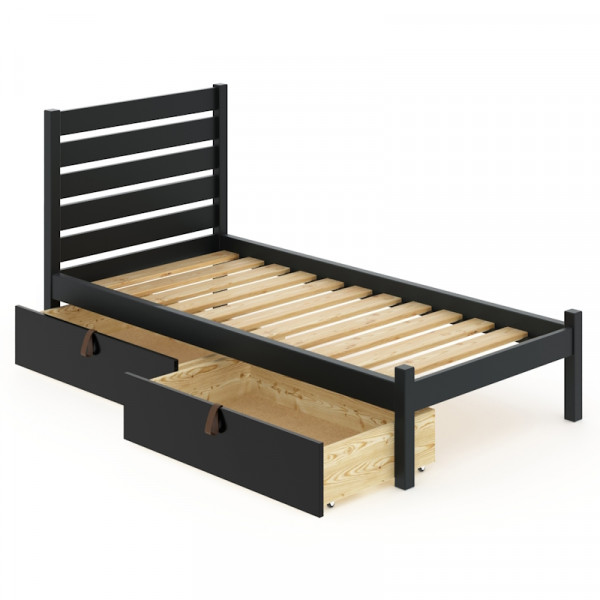 Кровать односпальная Классика из массива сосны с реечным основанием и высокой спинкой, 80х200 см, с двумя выкатными ящиками, цвет антрацит
