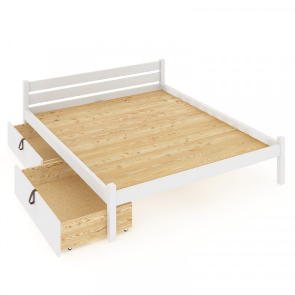 Кровать двуспальная Классика из массива сосны со сплошным основанием 200х120 см (габариты 210х130), с двумя выкатными ящиками, цвет белый