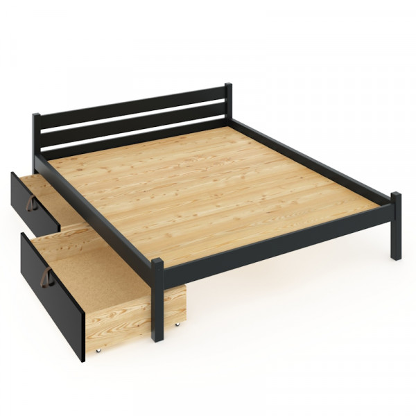 Кровать двуспальная Классика из массива сосны со сплошным основанием 200х120 см (габариты 210х130), с двумя выкатными ящиками, цвет антрацит