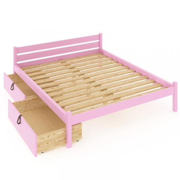 Кровать двуспальная Классика из массива сосны с реечным основанием 200х120 см (габариты 210х130), с двумя выкатными ящиками, цвет розовый