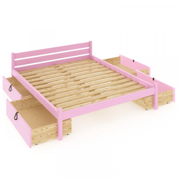 Кровать двуспальная Классика из массива сосны с реечным основанием 200х120 см (габариты 210х130), с четырьмя выкатными ящиками, цвет розовый