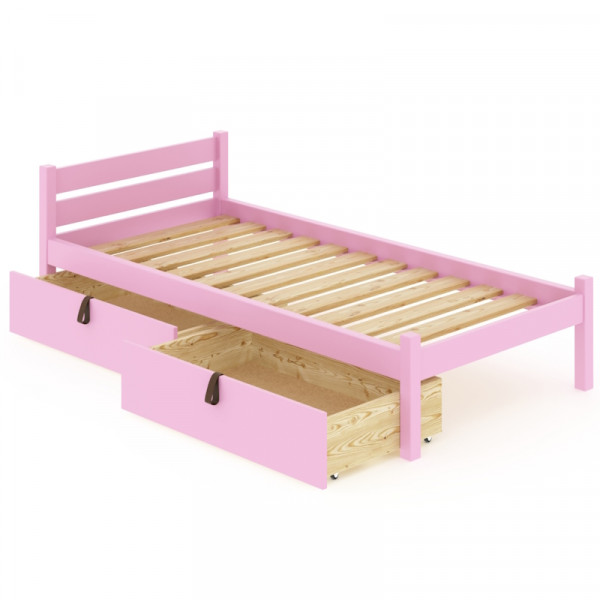 Кровать односпальная Классика из массива сосны с реечным основанием 200х80 см (габариты 210х90), с двумя выкатными ящиками, цвет розовый