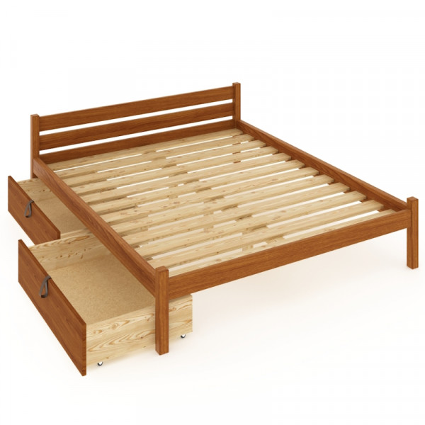 Кровать двуспальная Классика из массива сосны с реечным основанием 200х120 см (габариты 210х130), с двумя выкатными ящиками, цвет ольхи