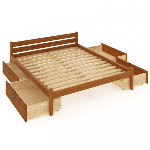 Кровать двуспальная Классика из массива сосны с реечным основанием 200х120 см (габариты 210х130), с четырьмя выкатными ящиками, цвет ольхи