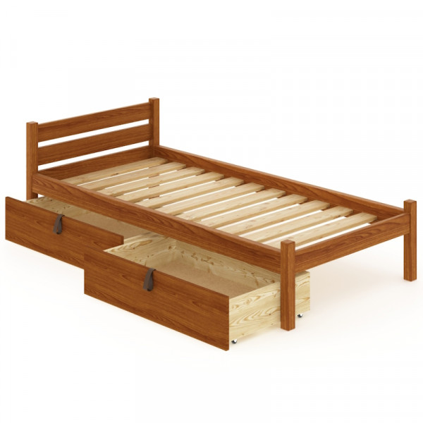 Кровать односпальная Классика из массива сосны с реечным основанием 200х80 см (габариты 210х90), с двумя выкатными ящиками, цвет ольхи