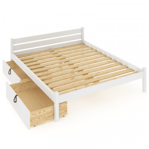 Кровать двуспальная Классика из массива сосны с реечным основанием 200х120 см (габариты 210х130), с двумя выкатными ящиками, цвет белый