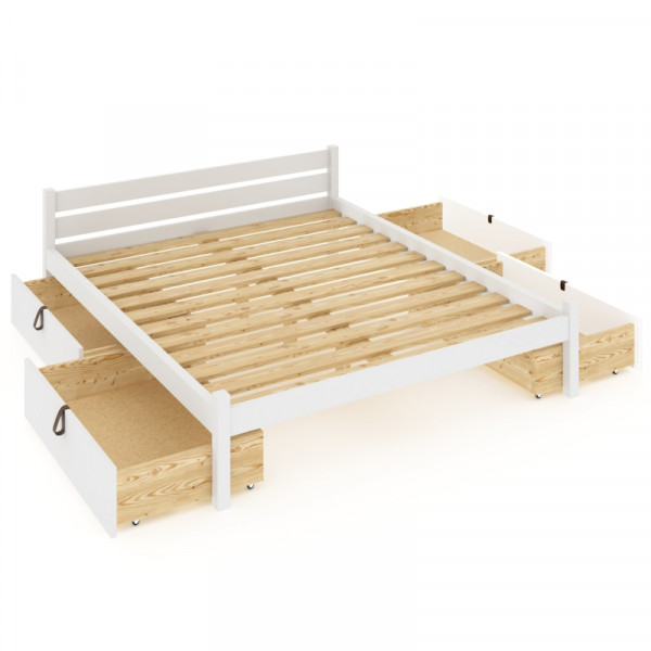 Кровать двуспальная Классика из массива сосны с реечным основанием 200х120 см (габариты 210х130), с четырьмя выкатными ящиками, цвет белый