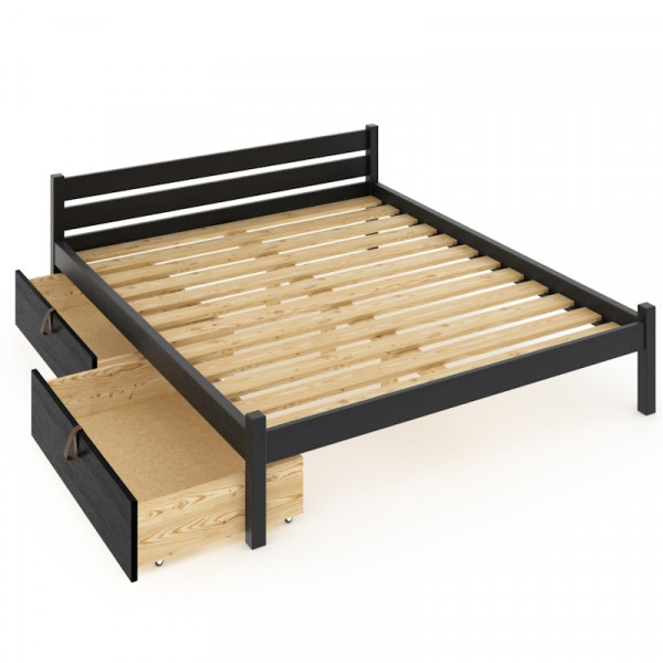 Кровать двуспальная Классика из массива сосны с реечным основанием 200х120 см (габариты 210х130), с двумя выкатными ящиками, цвет черного оникса