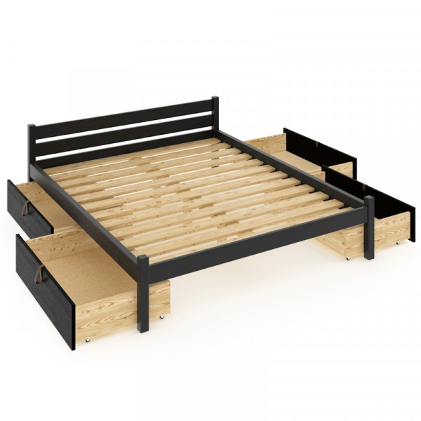 Кровать двуспальная Классика из массива сосны с реечным основанием 200х120 см (габариты 210х130), с четырьмя выкатными ящиками, цвет черного оникса