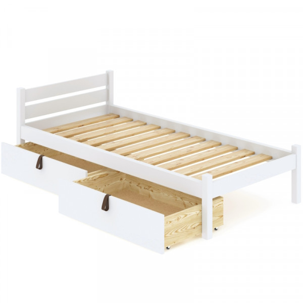 Кровать односпальная Классика из массива сосны с реечным основанием 200х80 см (габариты 210х90), с двумя выкатными ящиками, цвет белый