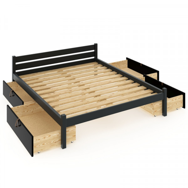 Кровать двуспальная Классика из массива сосны с реечным основанием 200х120 см (габариты 210х130), с четырьмя выкатными ящиками, цвет антрацит