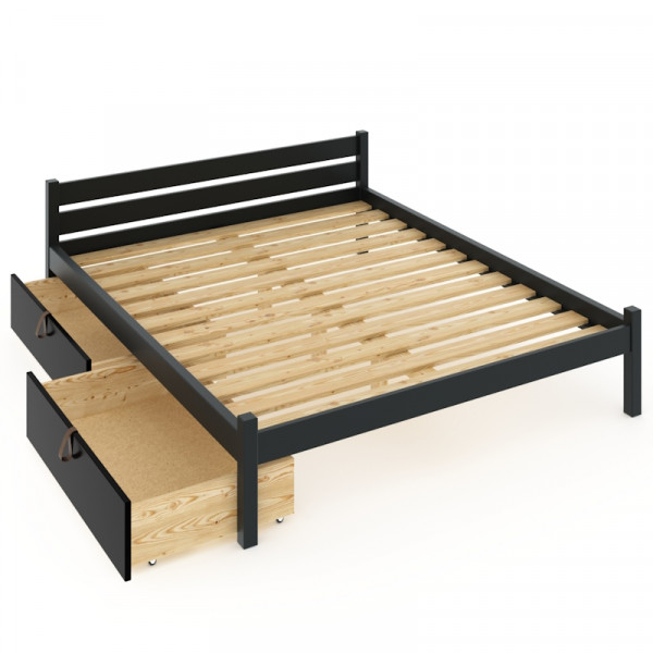 Кровать двуспальная Классика из массива сосны с реечным основанием 200х120 см (габариты 210х130), с двумя выкатными ящиками, цвет антрацит
