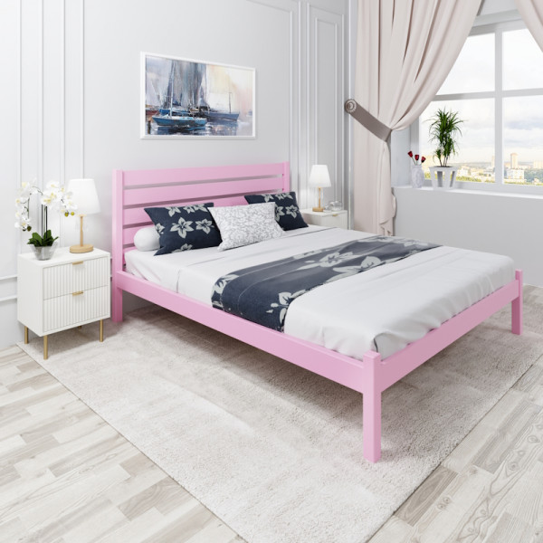 Кровать двуспальная Классика из массива сосны с высокой спинкой и реечным основанием, 190х120 см (габариты 200х130), цвет розовый
