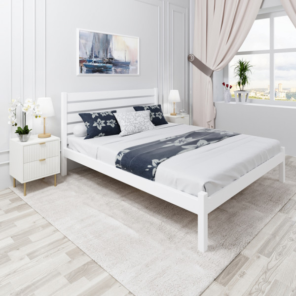 Кровать двуспальная Классика из массива сосны с высокой спинкой и сплошным основанием, 190х120 см (габариты 200х130), цвет белый