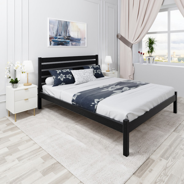 Кровать двуспальная Классика из массива сосны с высокой спинкой и сплошным основанием, 190х120 см (габариты 200х130), цвет черный оникс