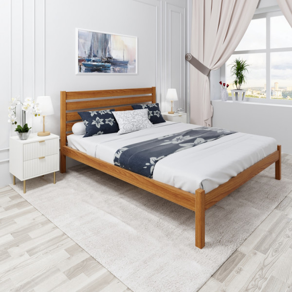 Кровать двуспальная Классика из массива сосны с высокой спинкой и реечным основанием, 200х160 см (габариты 210х170), цвет ольхи