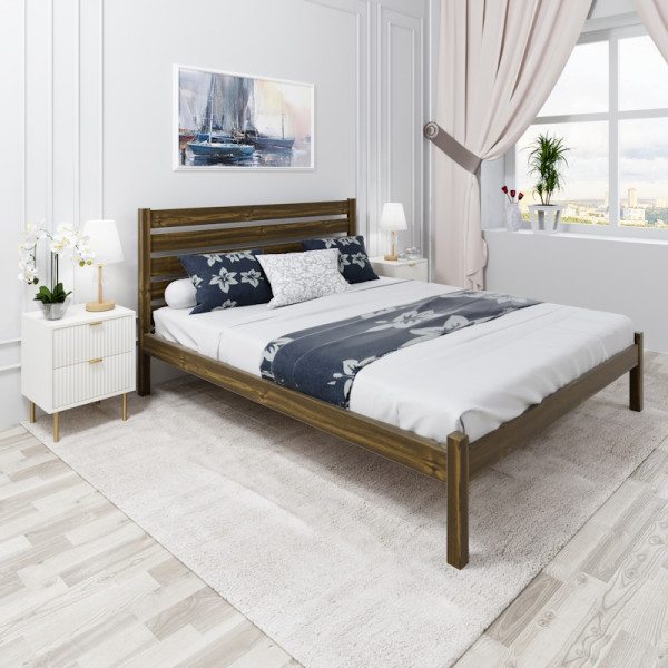 Кровать двуспальная Классика из массива сосны с высокой спинкой и реечным основанием, 200х120 см (габариты 210х130), цвет темного дуба