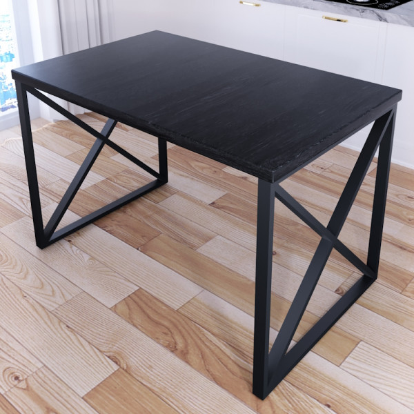 Стол кухонный Loft со столешницей цвета черного оникса из массива сосны 40 мм и черными металлическими крестообразными ножками, 110х70х75 см
