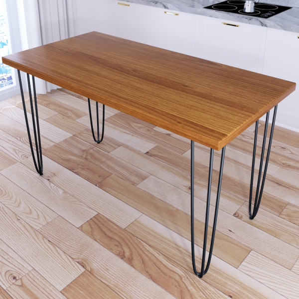 Стол кухонный Loft со столешницей цвета ольхи из массива сосны 40 мм на черных металлических ножках-шпильках, 110x60х75 см