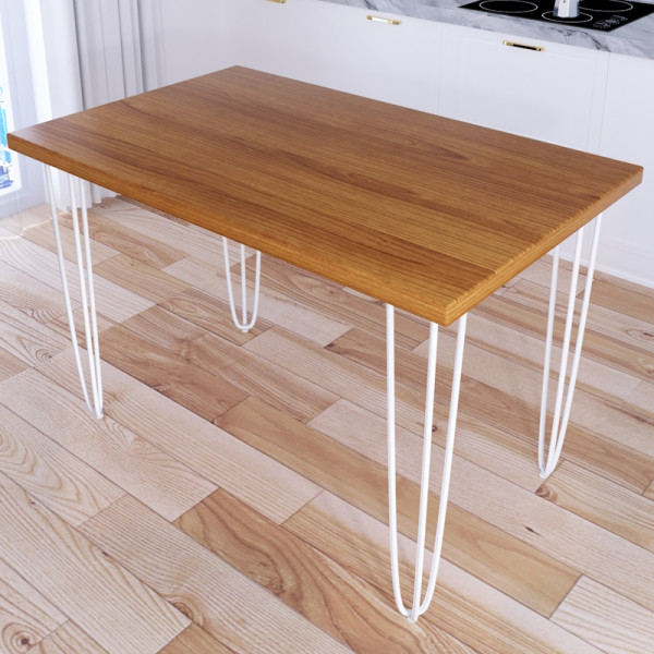 Стол кухонный Loft со столешницей цвета ольхи из массива сосны 40 мм на белых металлических ножках-шпильках, 120x70х75 см