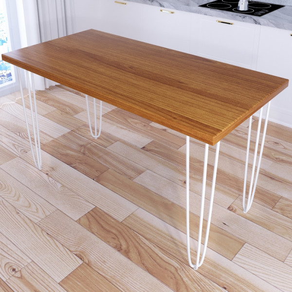 Стол кухонный Loft со столешницей цвета ольхи из массива сосны 40 мм на белых металлических ножках-шпильках, 130x60х75 см